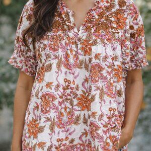 Sister Mary Floral Embroidered V-Neck Pullover Boho Cottagecore Top Large